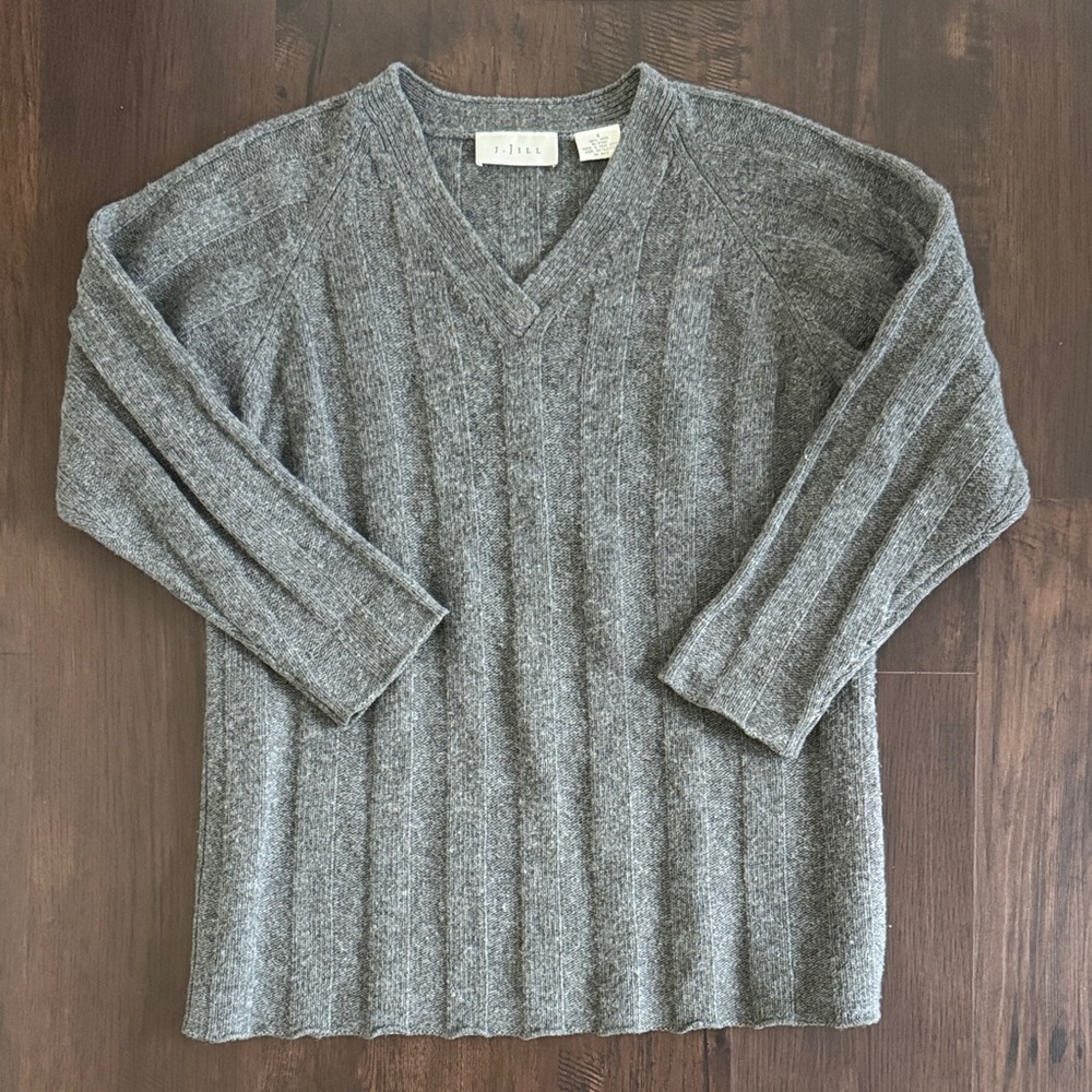 J.JILL WOMENS WOOL SWEATER V NECK CABLE KNIT GRAY